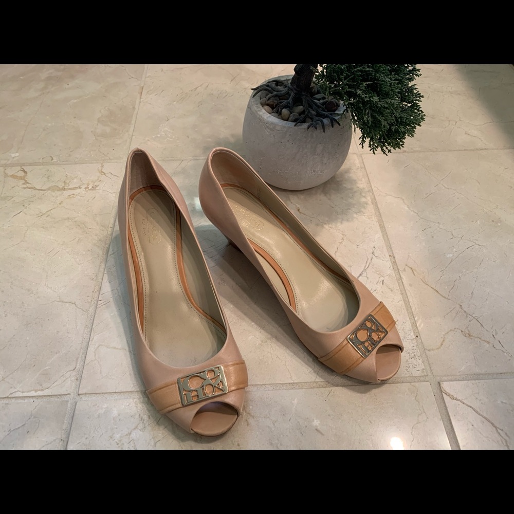 COACH Piper nude wedged leather heels